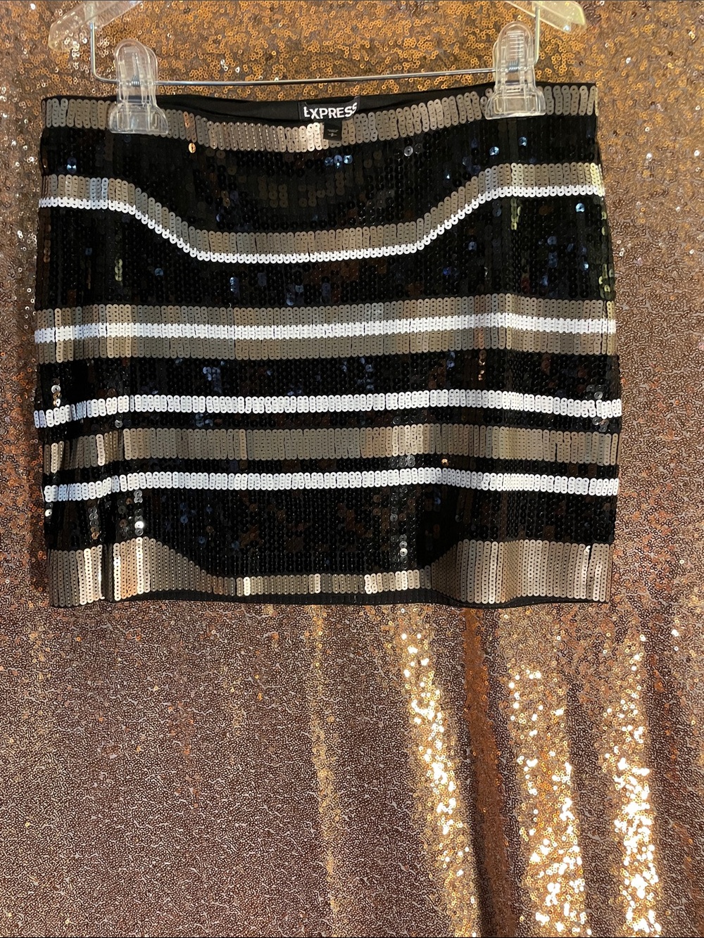 Express Black and Silver Striped Sequin Mini Skirt